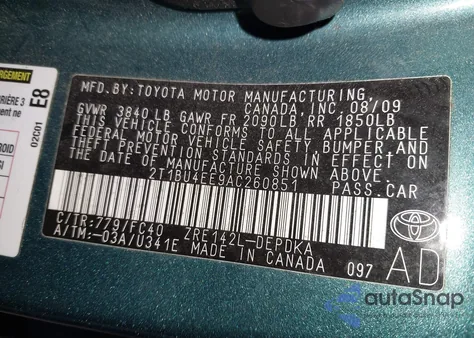 2010 Toyota Corolla Le z USA, uszkodzony, nr VIN 2T1BU4EE9AC260851